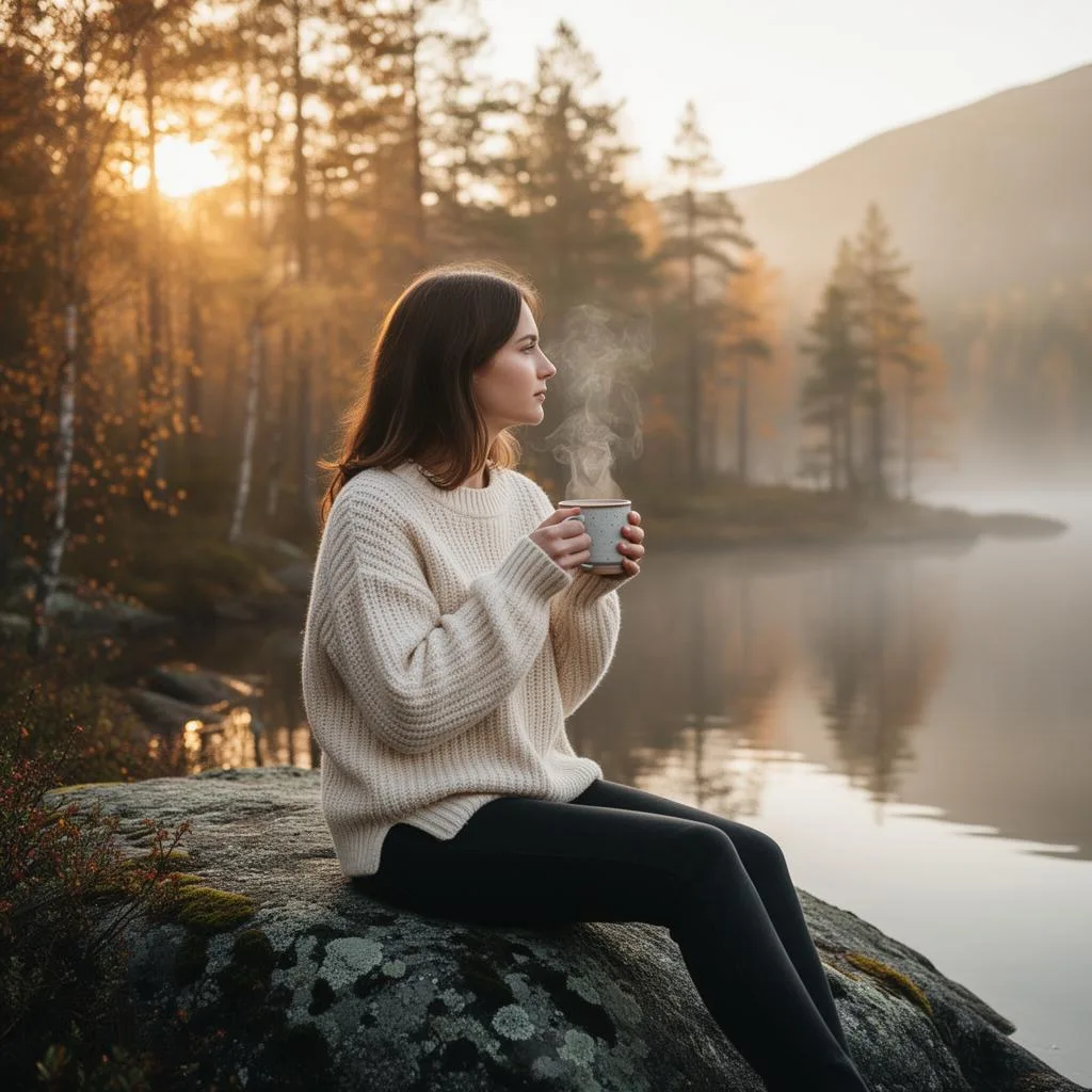 Hiker in green merino sweater